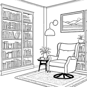 Kreativer Relaxsessel mit bezaubernden Bücherregalen Ausmalbild für entspannte Traumtänzer