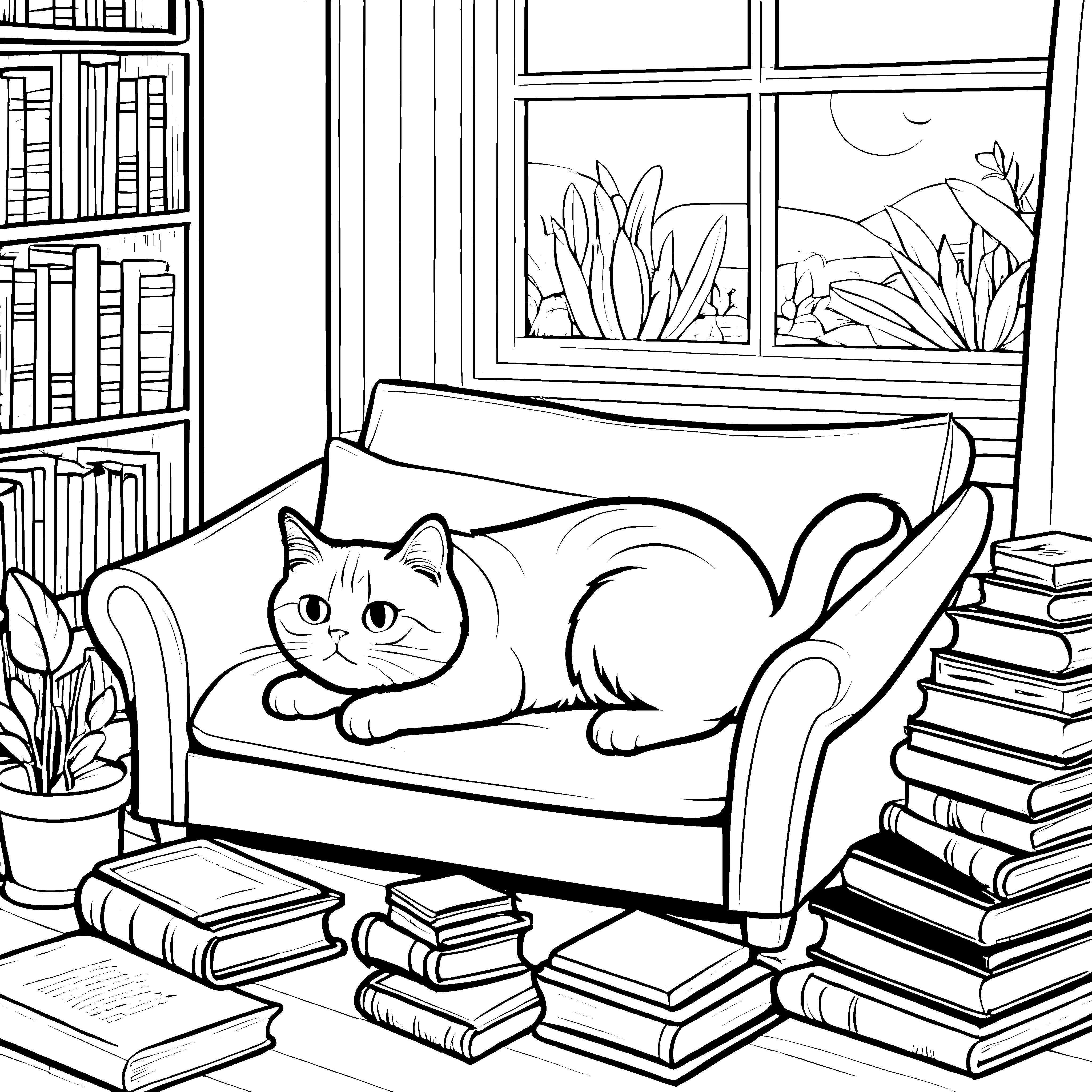 Grummelige Katze auf gemütlichem Sessel Ausmalvorlage für kreative Stubentiger