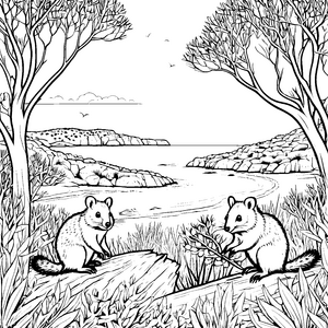 Quokka-Duo im malerischen Küstenparadies Ausmalbild für neugierige Entdecker