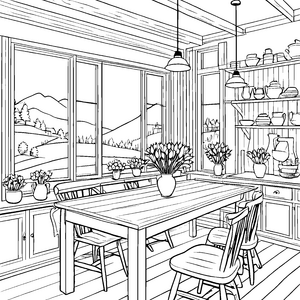 Rustikaler Landhausstil-Tisch mit Sitzgelegenheiten Ausmalbild für kleine Möbelkünstler