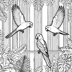 Zwei fröhliche Papageien auf schimmerndem Geländer Ausmalmotiv für fantasievolle Vogelmaler