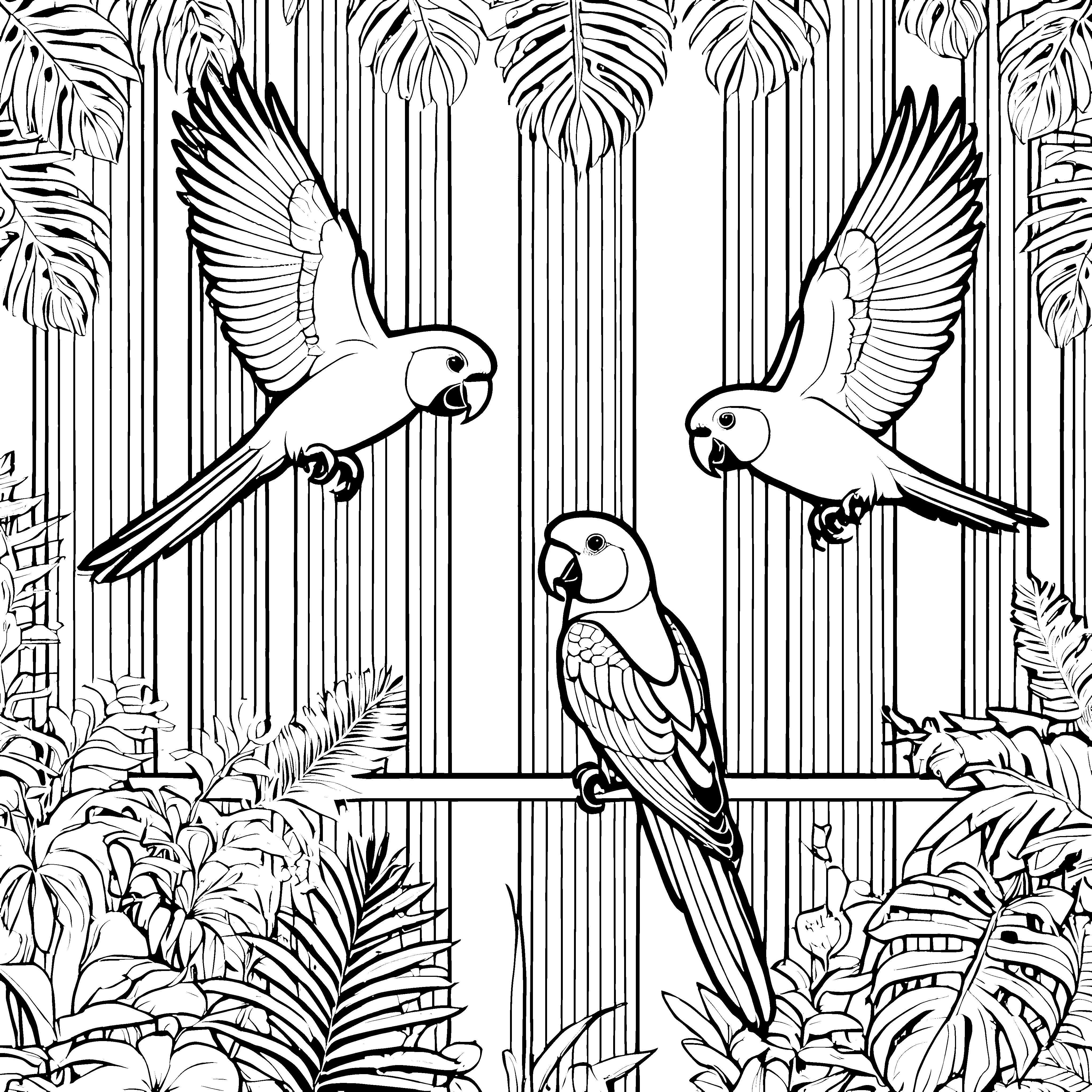Zwei fröhliche Papageien auf schimmerndem Geländer Ausmalmotiv für fantasievolle Vogelmaler