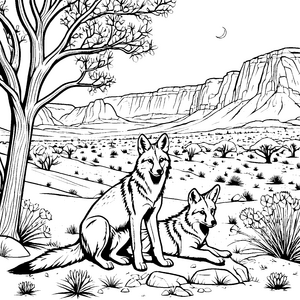Zwei freundliche Kojoten-Welpen in der Wüste Ausmalbild für kleine Wildnis-Abenteurer