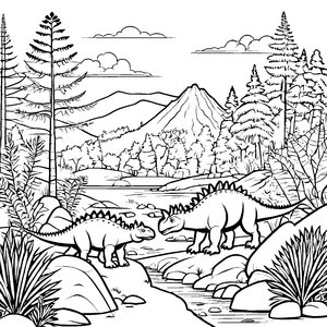 Pachycephalosaurus im prähistorischen Flusslandschaft Ausmalbild für abenteuerliche Dino-Fans