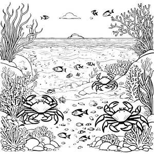 Faszinierender Krebs zwischen bunten Fischen Ausmalvorlage für kleine Tiefseetaucher