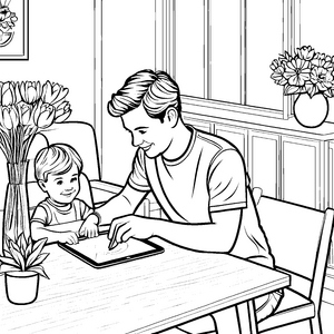 Spannender Moment zwischen Papa und Kind am Tablet Malvorlage für neugierige Technikentdecker