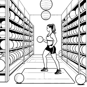 Inspirierende Frau mit Yoga-Ball und Sportgeräten Malvorlage für neugierige Fitnessfreunde