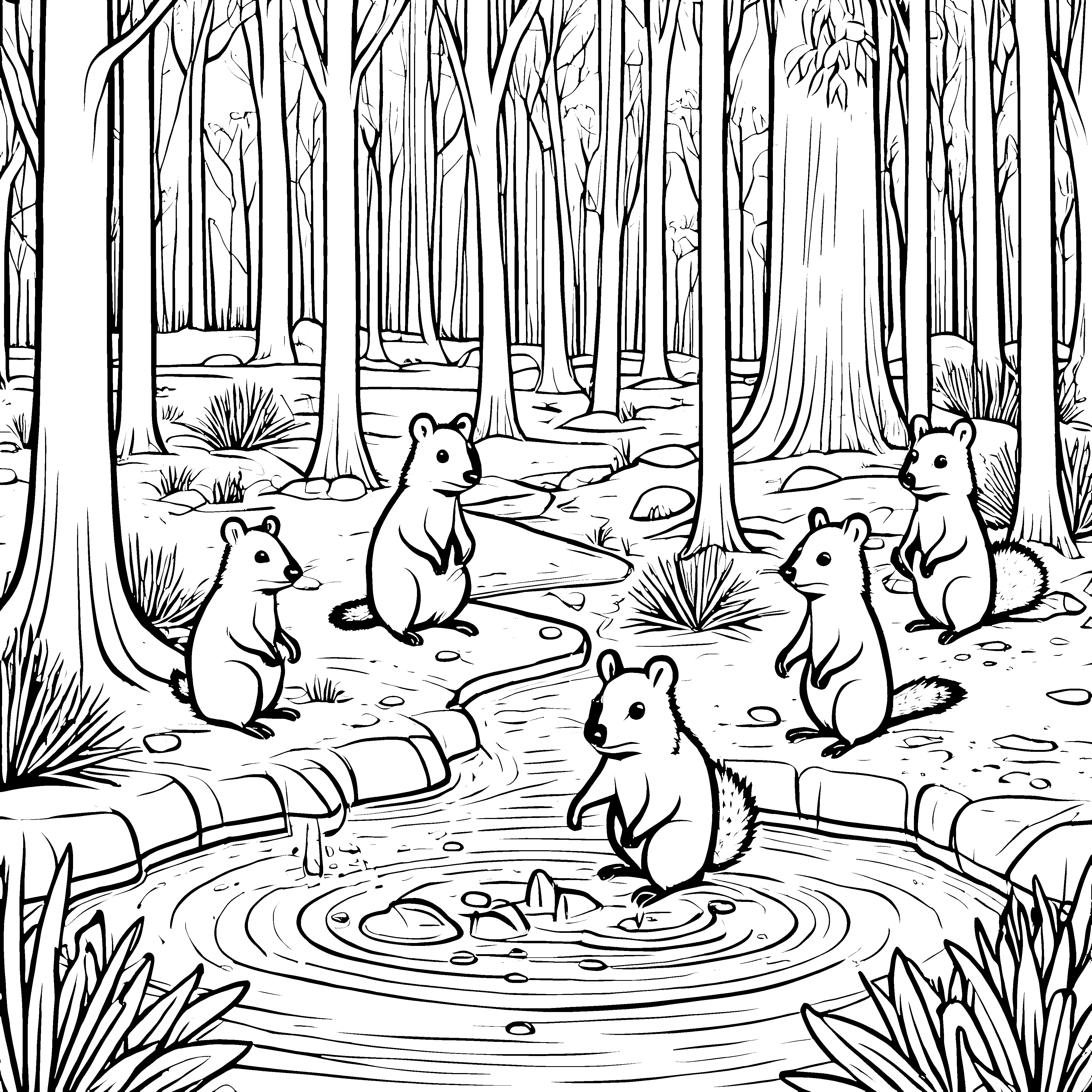 Fröhliche Quokkas am sprudelnden Wasser Ausmalvorlage für abenteuerliche Entdecker