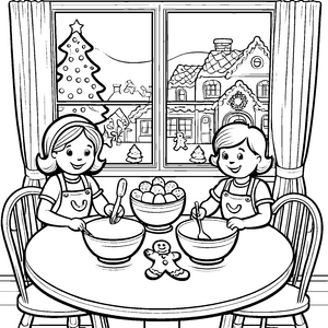 Zwei kreative Kinder beim Backen süßer Lebkuchenmänner Ausmalmotiv für kleine Weihnachtsbäcker