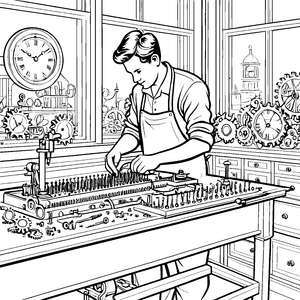 Faszinierender Uhrmacher bei der Arbeit mit Mechanik Ausmalvorlage für talentierte Tüftler und kreative Entdecker