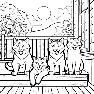 Gähnende Katzen auf der sonnigen Veranda Ausmalbild für entspannte Tierliebhaber
