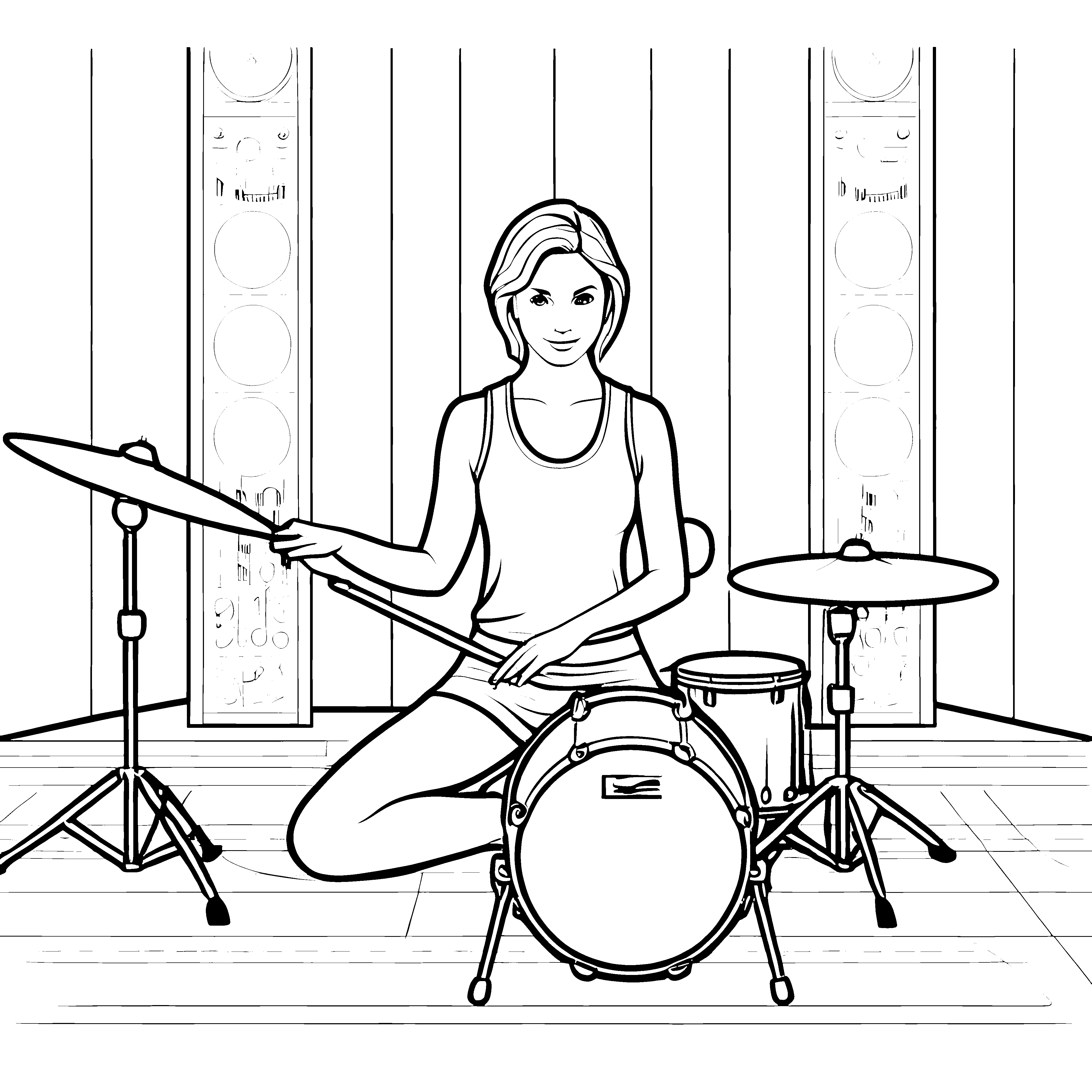 Dynamische Frau am Trommelset mit mitreißendem Beat Ausmalvorlage für rhythmusbegeisterte Entdecker