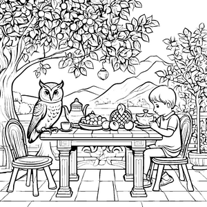 Einladender Tisch unter buntem Obstbaum Ausmalvorlage für kleine Genießer
