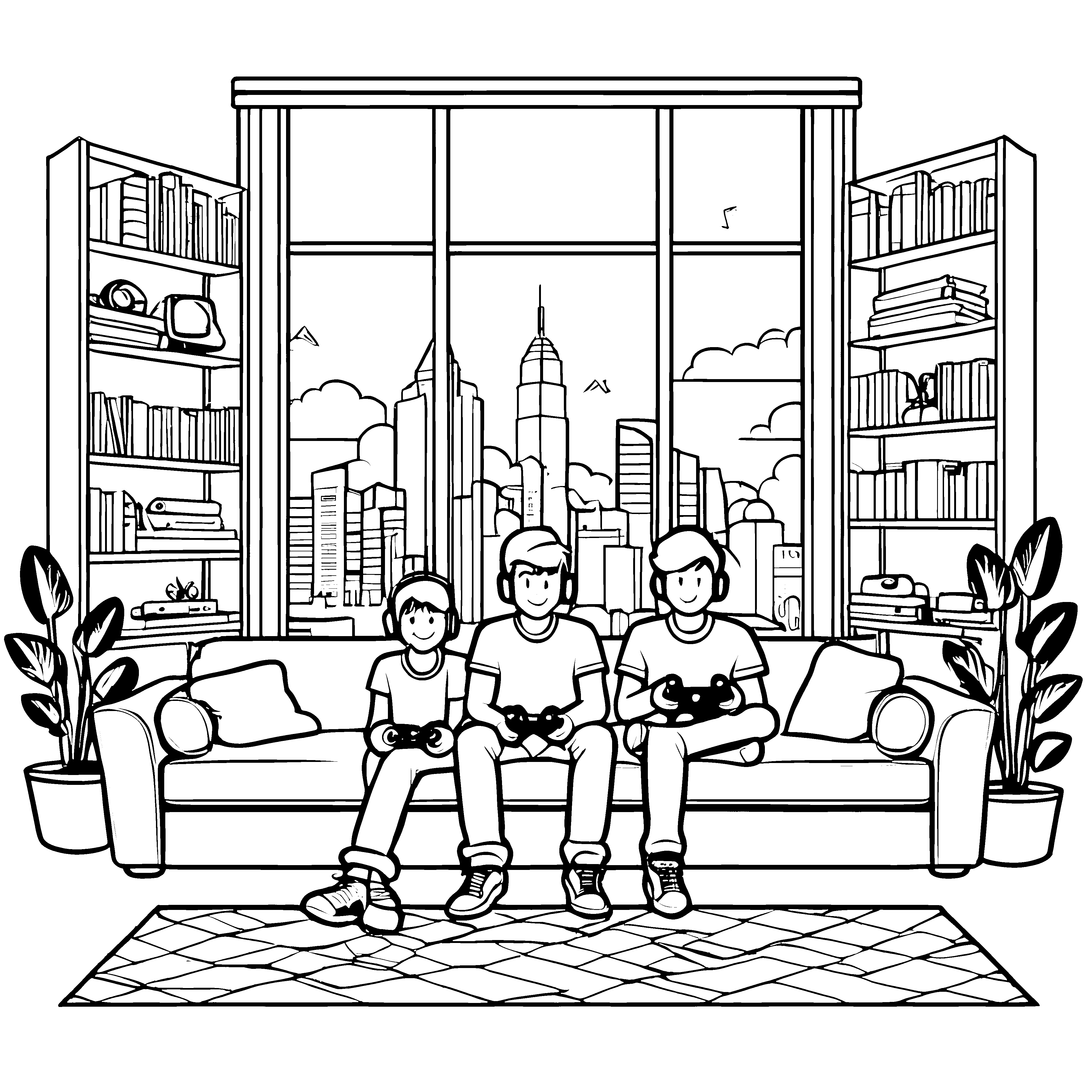 Zwei Kinder auf der Couch beim Spielen von Videospielen Ausmalbild für kleine Gaming-Helden