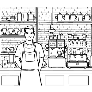 Fantasievolle Kaffee-Zauberer hinter der Theke Ausmalvorlage für kleine Genusszauberer
