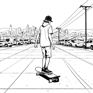 Cooler Skater auf der lebhaften Stadtstraße Ausmalbild für abenteuerlustige Trendsetter