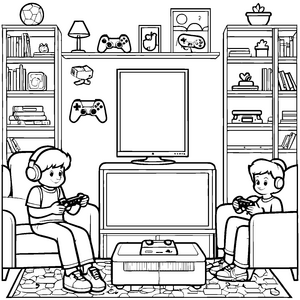 Zwei Kinder im Videospielrausch auf der Couch Malvorlage für begeisterte Spieleschatzsucher