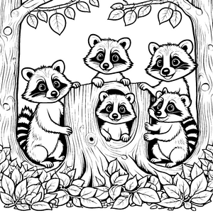 Fünf liebenswerte Waschbär-Babys in ihrem Baum Ausmalvorlage für fantasievolle Entdecker mit großem Herzen