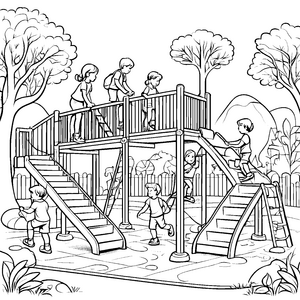 Spannender Spielplatz mit witzigen Schaukeln und spielenden Kindern Ausmalbild für lebhafte Entdecker mit großen Ideen