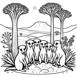 Sechs entzückende Erdmännchen Jungtiere unter Bäumen Ausmalmotiv für fantasievolle Abenteurer und kleine Naturfreunde
