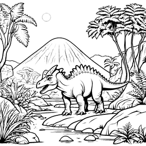 Prächtiger Pachycephalosaurus in der urzeitlichen Landschaft Ausmalvorlage für kleine Entdecker
