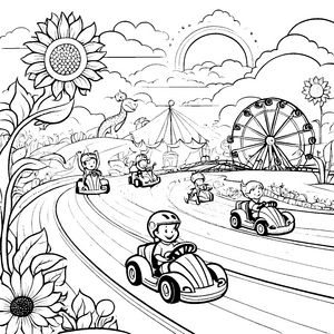 Rasante Go-Kart-Rennen mit fröhlichen Fahrern Ausmalbild für kleine Geschwindigkeitsliebhaber