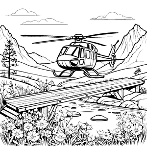 Drehender Hubschrauber über glitzerndem Fluss Malvorlage für abenteuerlustige Entdecker