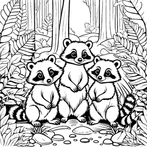 Drei verspielte Waschbär-Babys unter großen Blättern Ausmalvorlage für fröhliche Naturforscher mit wagemutigen Ideen