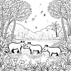 Faszinierender Tapir im Wasser mit schwebenden Vögeln Ausmalmotiv für kleine Naturabenteurer