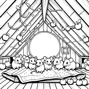 Hübsche Mäuse auf der bunten Decke Ausmalbild für neugierige Abenteurer