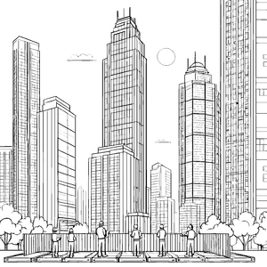 Beeindruckende Skyline mit motivierten Bauarbeitern Ausmalbild für neugierige Stadtarchitekten