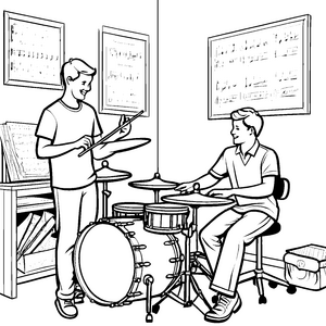 Begeisterte Jungs am Schlagzeug mit verstreuten Büchern Ausmalvorlage für rhythmusbegeisterte Entdecker
