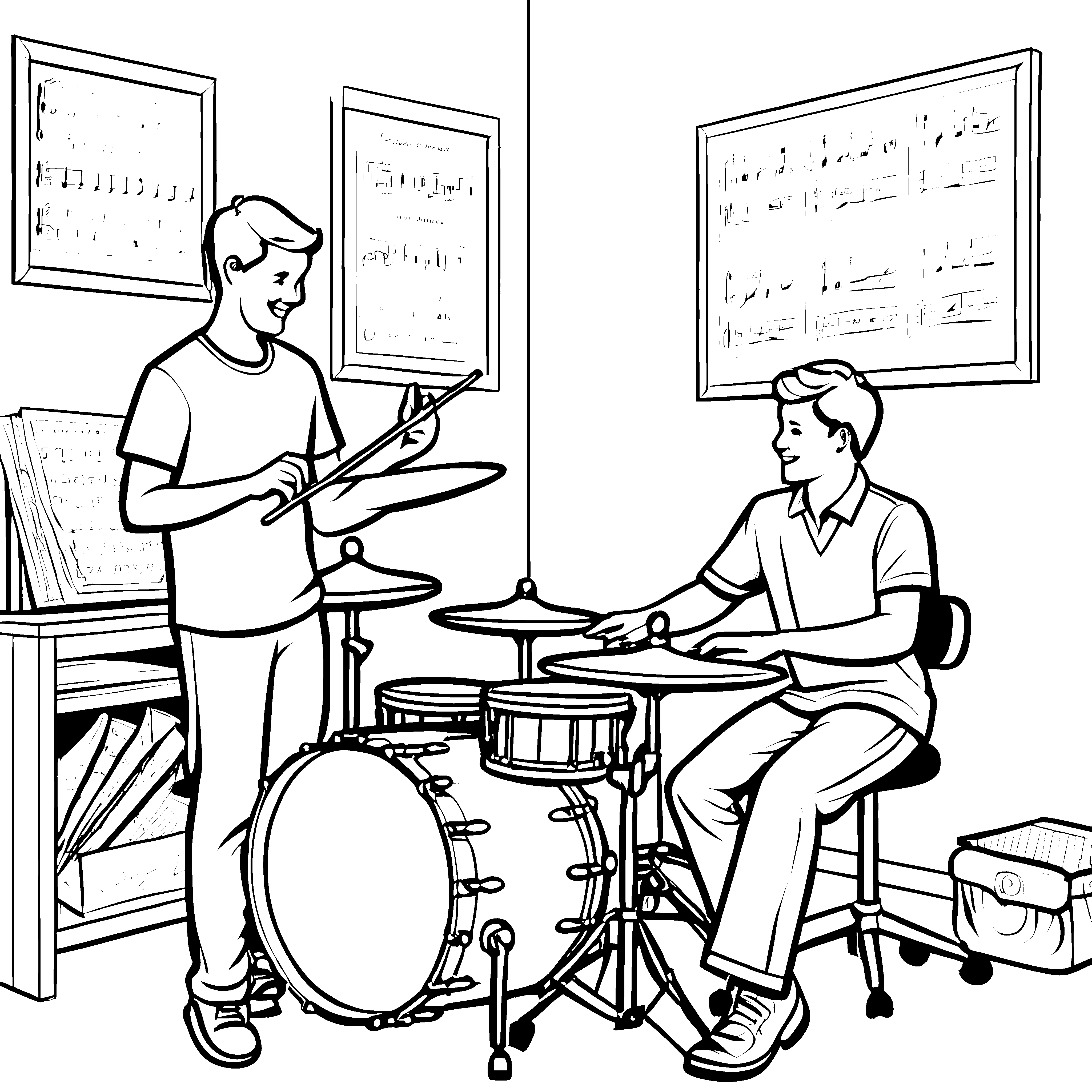 Begeisterte Jungs am Schlagzeug mit verstreuten Büchern Ausmalvorlage für rhythmusbegeisterte Entdecker