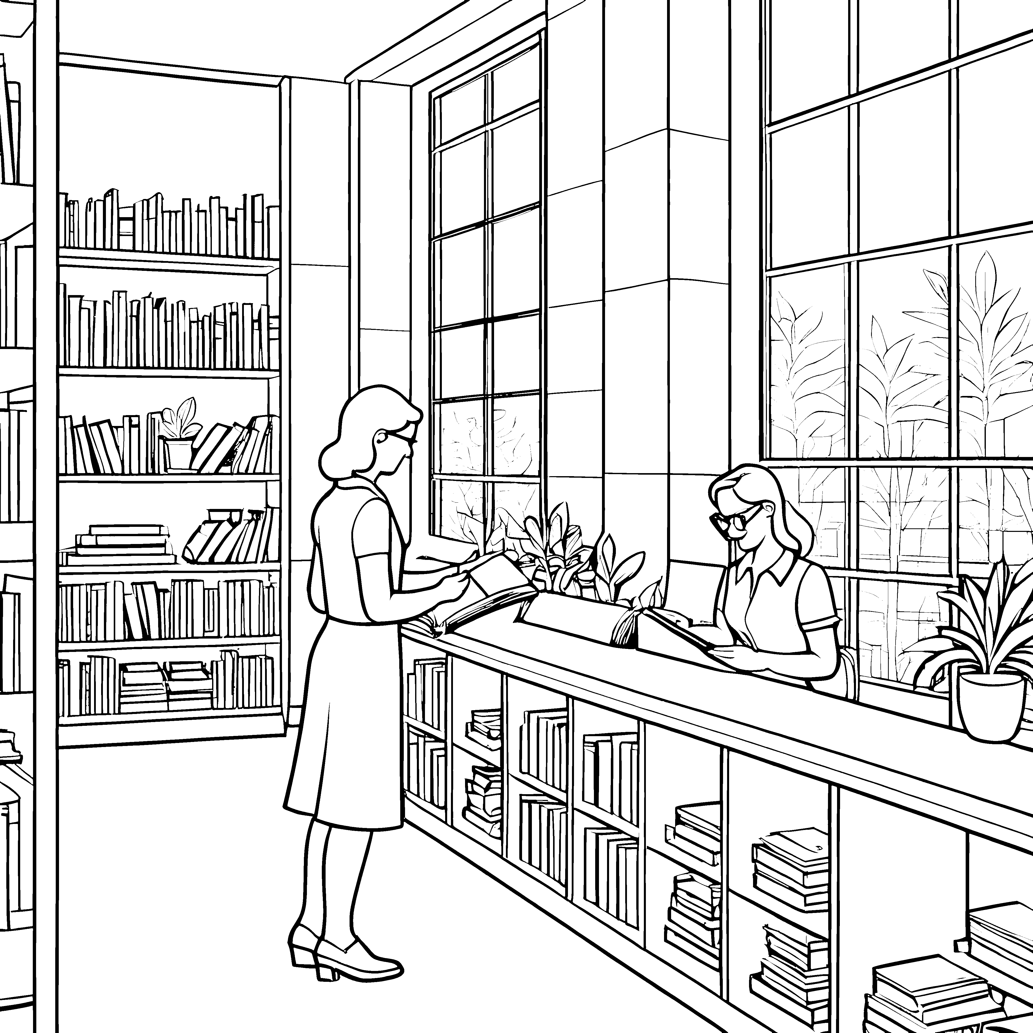 Bibliothekarinnen bei spannender Buchauswahl Malvorlage für wissbegierige Leseratten