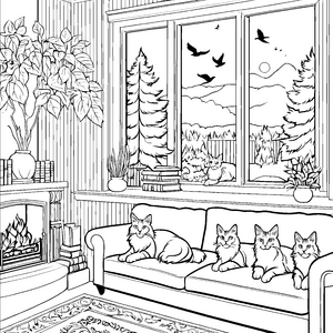 Faszinierende drei Maine Coon Katzen auf Sofa mit Ausblick Ausmalmotiv für träumerische Entdecker