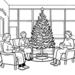 Bezaubernde Runde älterer Damen am Weihnachtsbaum Ausmalvorlage für fröhliche Kreativköpfe