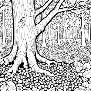 Verspielte Haselnüsse neben einem alten Baum Ausmalmotiv für neugierige Entdecker