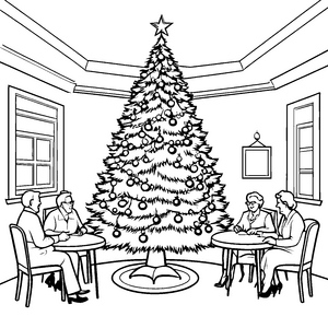 Herzliche Seniorenrunde um den festlich geschmückten Weihnachtsbaum Ausmalbild für fröhliche Weihnachtszauberer