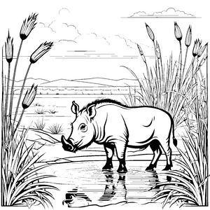 Bezauberndes Warzenschwein am funkelnden Wasser Ausmalmotiv für junge Naturentdecker