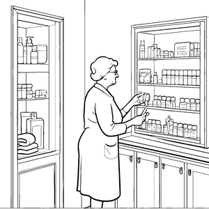 Schicke Dame mit bunten Medikamenten am Apothekenregal Ausmalbild für kleine Gesundheitsprofis und fantasievolle Entdecker