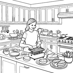 Flinke Frau zaubert köstliche Sandwiches in der Küche Ausmalmotiv für aufstrebende Küchenzauberer