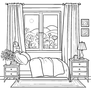 Traumhaftes Fenster mit Blick in den Garten Ausmalbild für kleine Nachtschaffer
