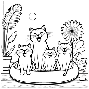 Gähnende Katzen in fröhlicher Runde Ausmalvorlage für charmante Tierliebhaber
