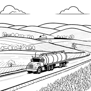Rasender Tanklastwagen auf malerischer Landstraße Ausmalvorlage für wissbegierige Abenteuerer