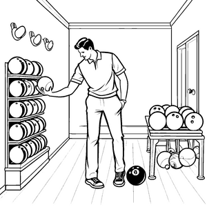 Man mit spannender Bowlingkugel und Pins Malvorlage für kreative Sportfreaks