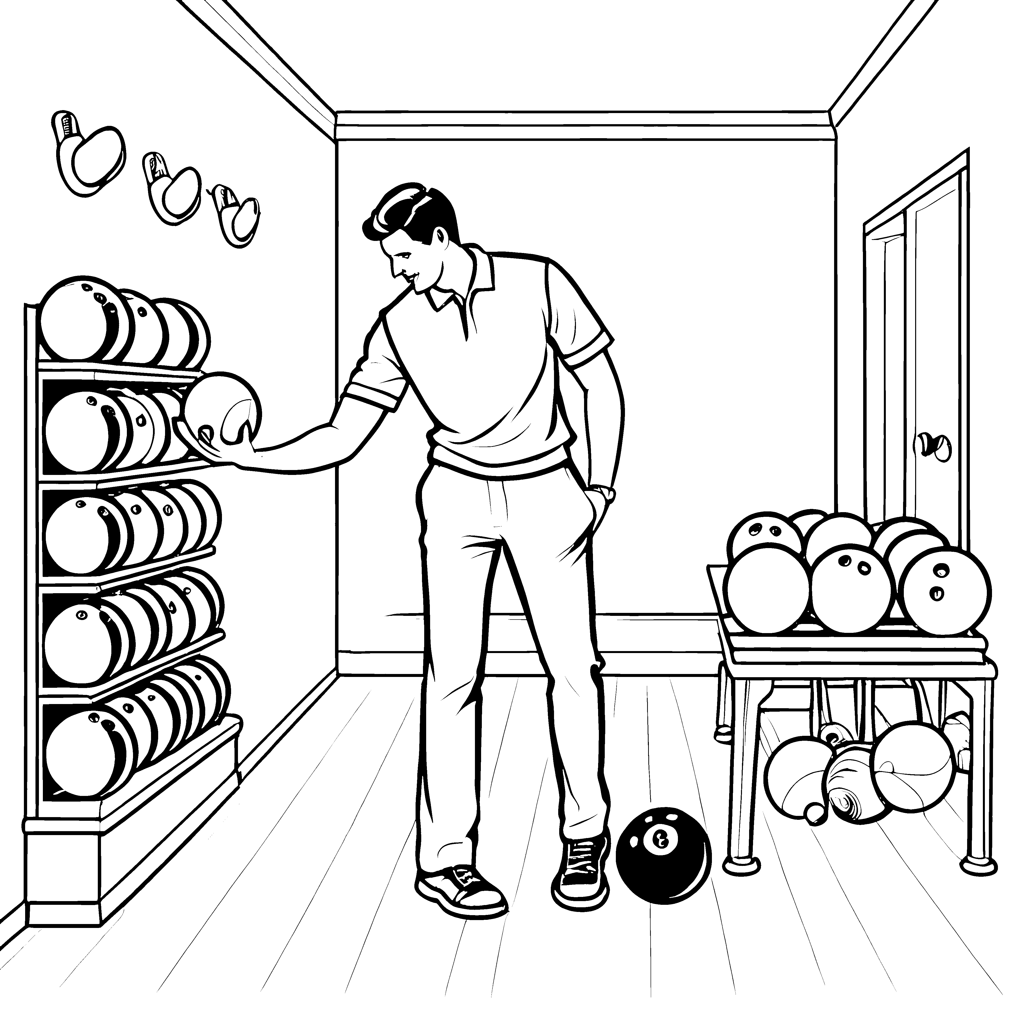 Man mit spannender Bowlingkugel und Pins Malvorlage für kreative Sportfreaks