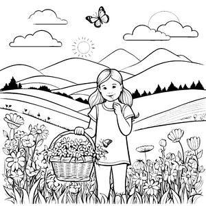 Fröhliches Mädchen mit Gänseblümchen im Korb Malvorlage für neugierige Blumenfreunde