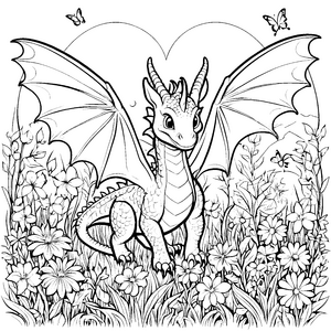 Faszinierender Drache umgeben von bunten Blumen Ausmalvorlage für kleine Naturentdecker