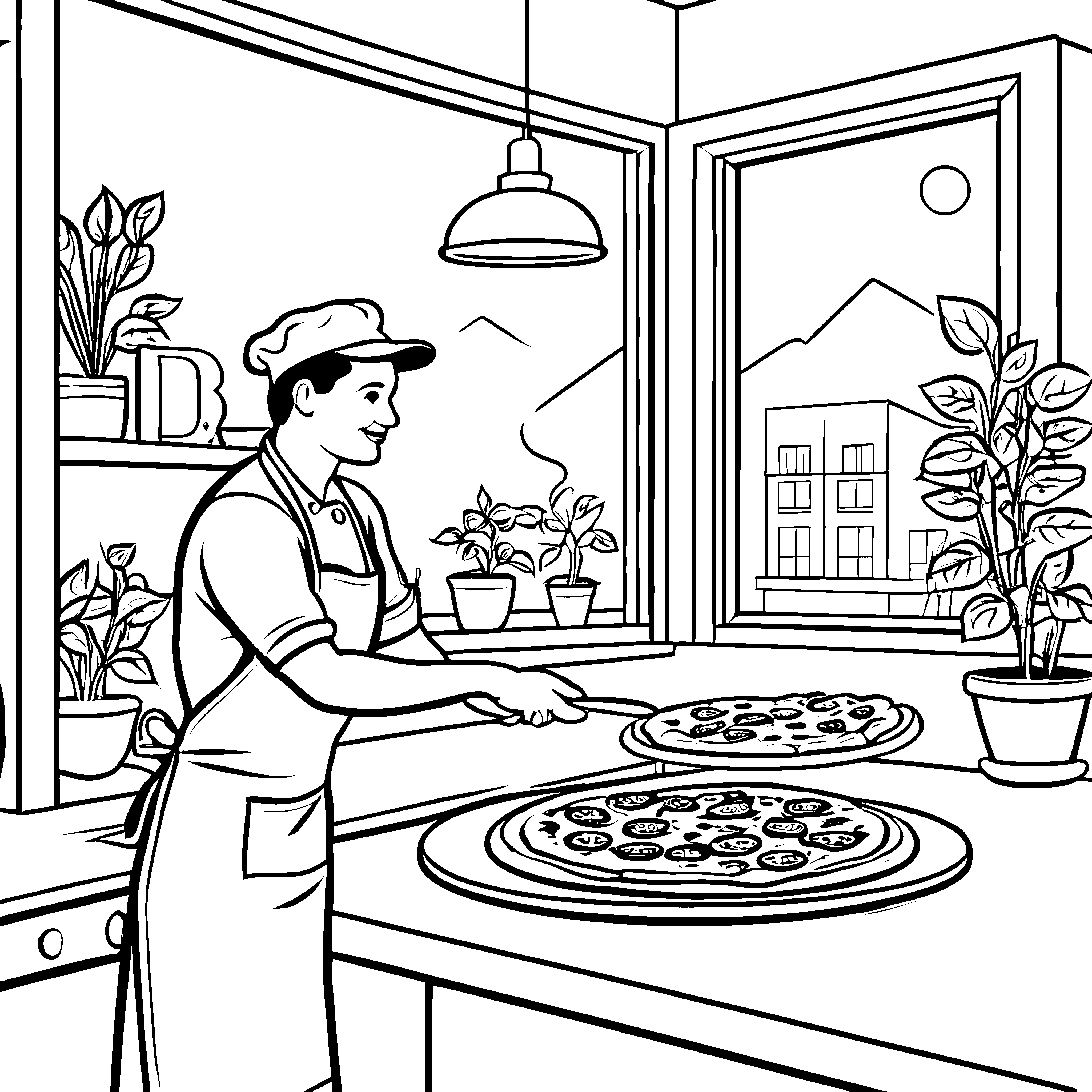 Kreativer Pizzabäcker bei leckerer Zubereitung Ausmalvorlage für hungrige Künstler