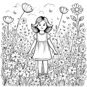 Fröhliches Mädchen zwischen duftenden Gänseblümchen Ausmalbild für kleine Blumenliebhaber